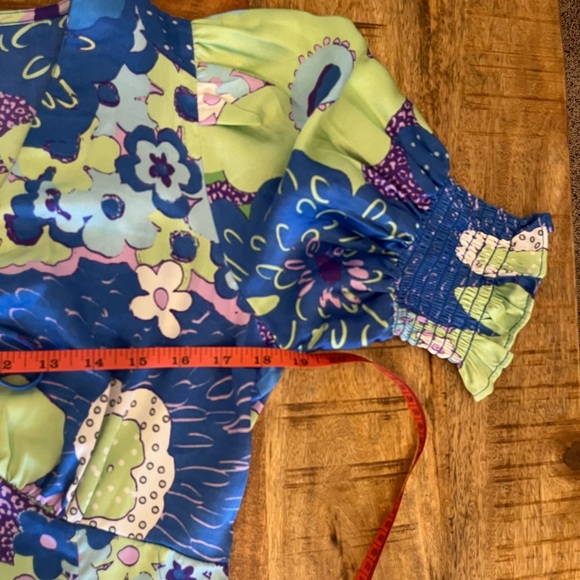 ASOS | Petite Satin Midi Tea Dress 8P Blue Green Abstract Floral Print - Picture 13 of 15